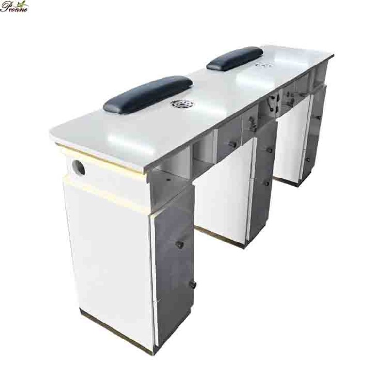 Manicure Table Manufacturer - Nail Salon White Gold Marble Top Double Seater with Lights