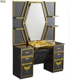 Color Bar Cabinet Manufacturer - Professional Custom Barber Shop Gold Counter Wash Basin Hair Salon Storage