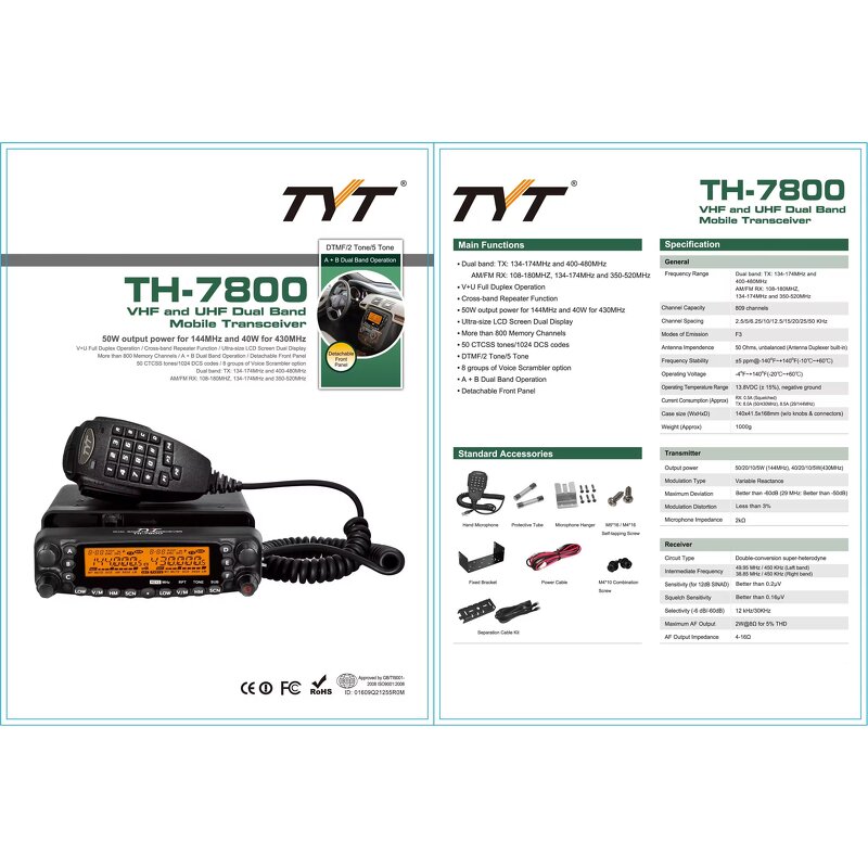 Mobile Radio Manufacturer - TYT TH-7800 50W Dual Band 136-174/400-480MHz Amateur HF/VHF/UHF