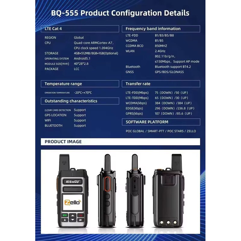 POC Android Walkie Talkie Manufacturer - Zello BQ-555 Long Range 4G Sim Card WiFi Network