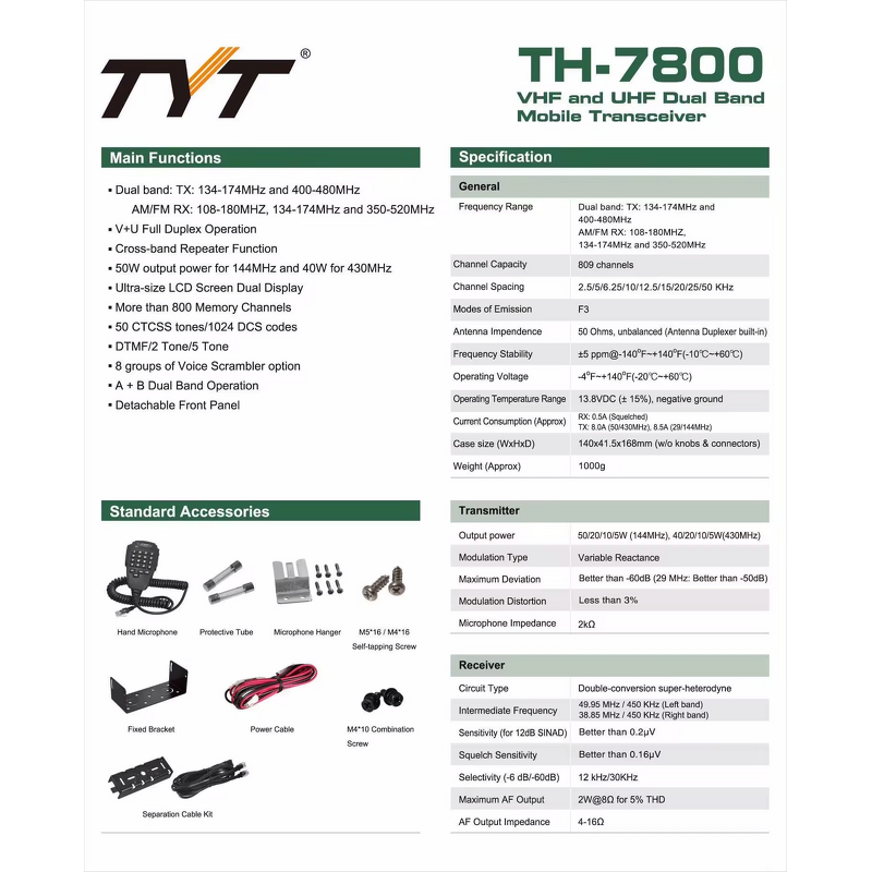 Mobile Radio Manufacturer - TYT TH-7800 50W Dual Band 136-174/400-480MHz Amateur HF/VHF/UHF