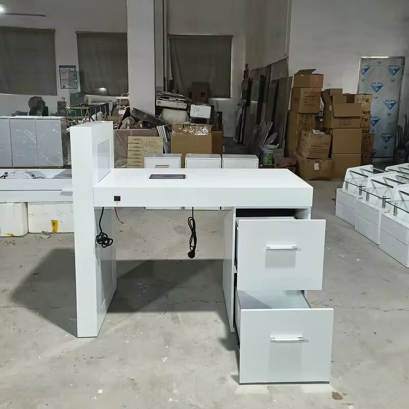Nail Desk Manufacturer - Modern White Glass with LED & Dust Collector