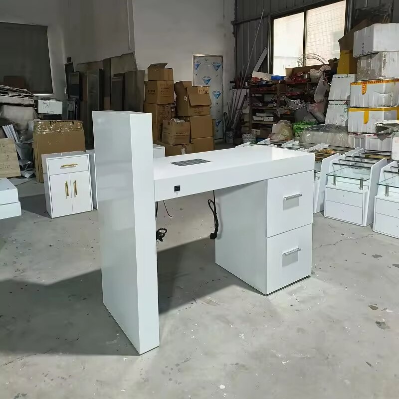 Nail Desk Manufacturer - Modern White Glass with LED & Dust Collector