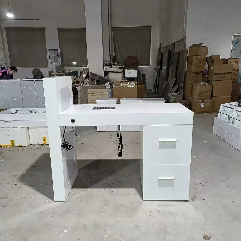 Nail Desk Manufacturer - Modern White Glass with LED & Dust Collector
