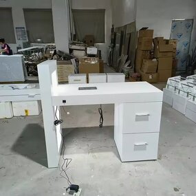 Nail Desk Manufacturer - Modern White Glass with LED & Dust Collector