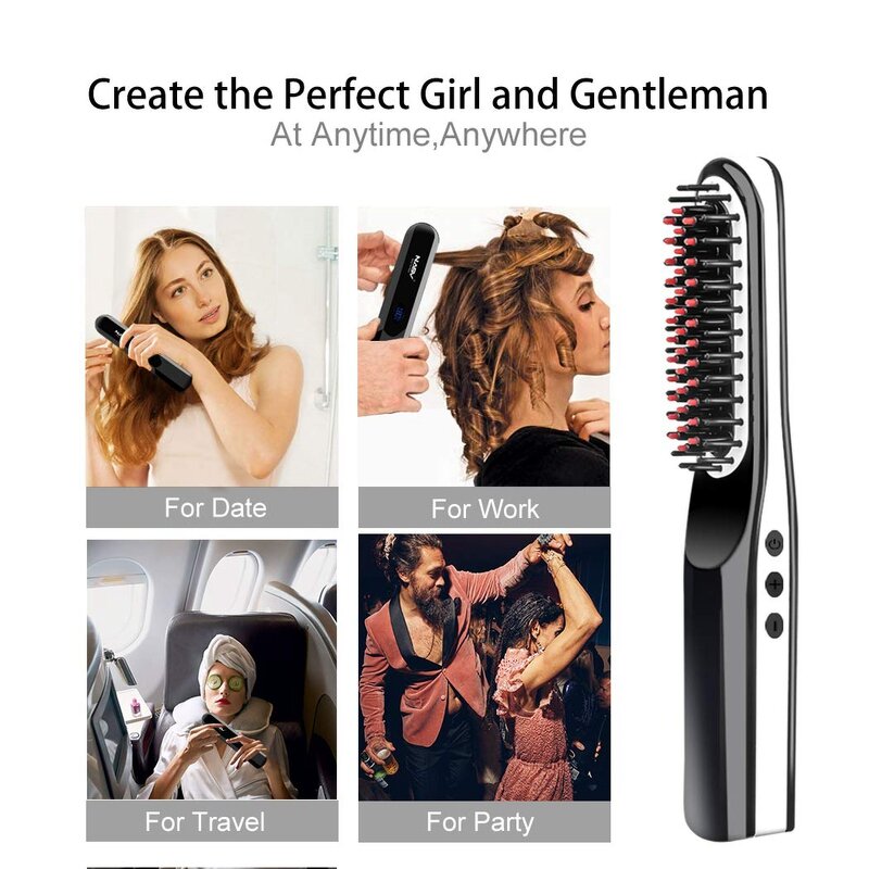 Mini Hair Straightener Brush - USB Cordless Ionic Beard Styling Hot Comb Men