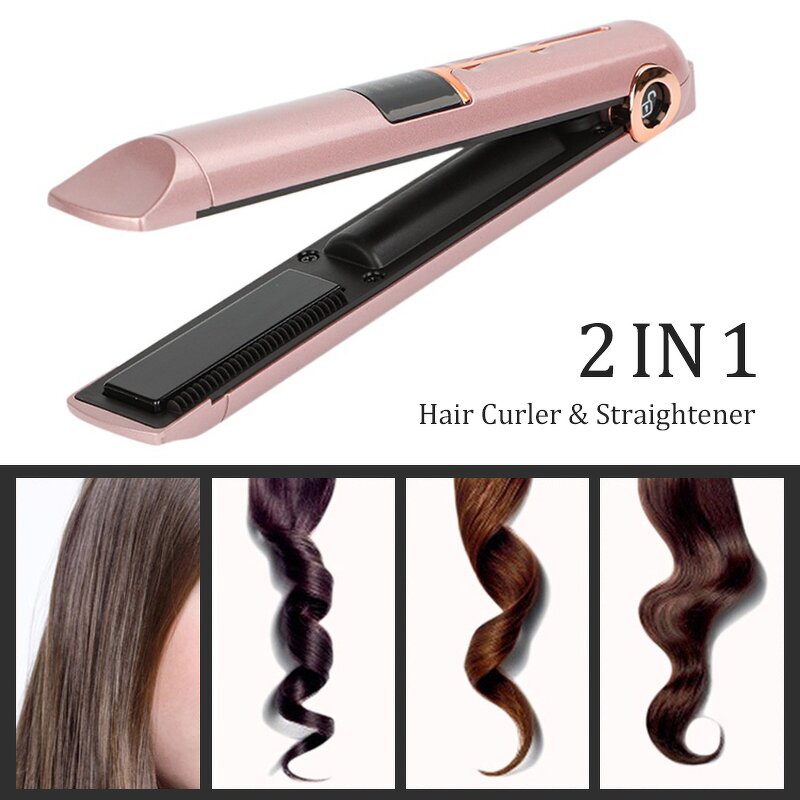 Wireless Hair Straightener - 2-in-1 Portable Mini Cordless Flat Iron Curler