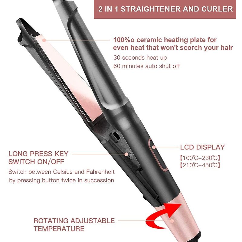 2-in-1 Hair Straightener Curler - Twisted LCD Ceramic Flat Iron Magic Styling