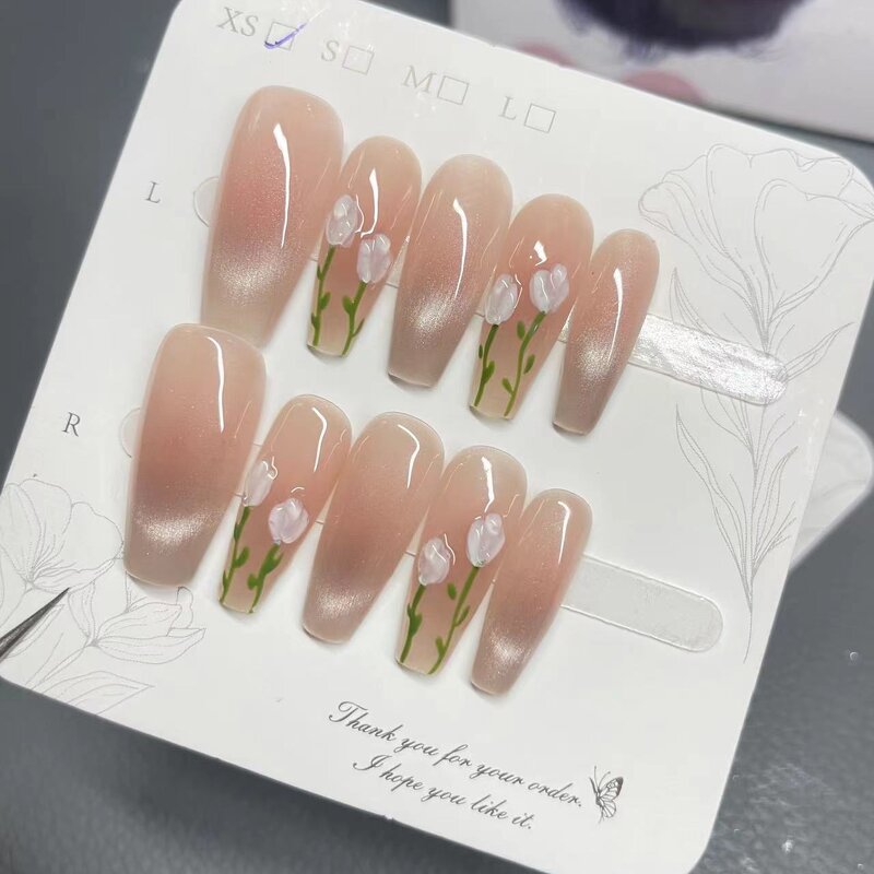 Artificial Fingernails Manufacturer - Reusable Pink Gradient with Glue Gold Glitter