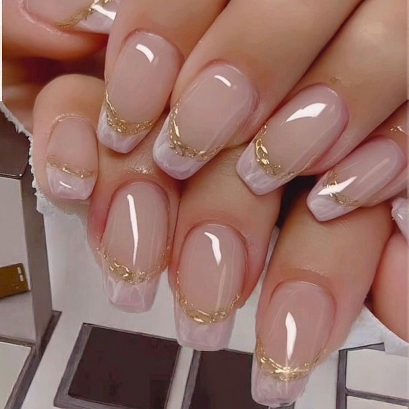 Artificial Fingernails Manufacturer - Reusable Pink Gradient with Glue Gold Glitter