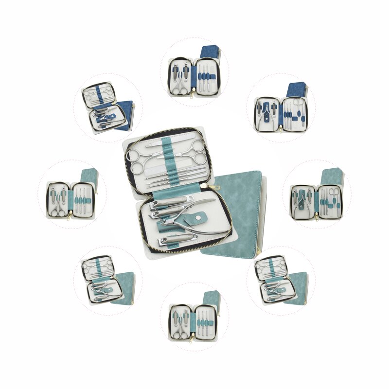 11pcs Nail Clipper Set - Blue Stainless Steel Finger Care Gift with PU Leather Bag