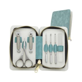 9pcs Nail Clipper Set - Green Stainless Steel Personal Care Tool with Leather Bag