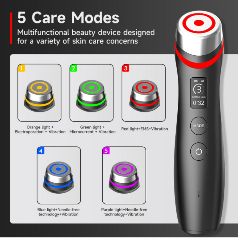 5-color Light Beauty Device - EMS Microcurrent Vibration Red Blue Pore Care Hand Held