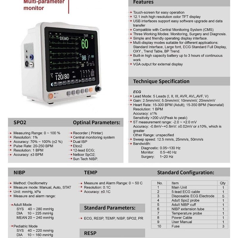 Patient Monitor - CE Certified 12-Inch IBP Etco2 Cardiac ECG for Clinic Emergency