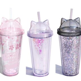 Cup Manufacturer - Wholesale Eco-Friendly Reusable Double Wall Clear Glitter Acrylic Cat Ear