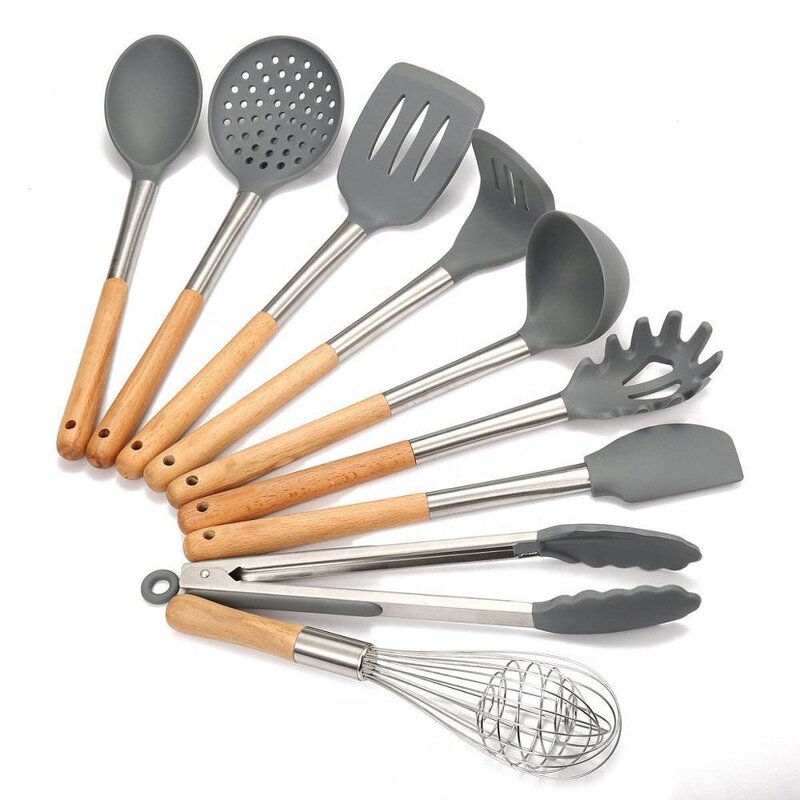 Kitchen Utensils Set Manufacturer - Non-stick 9pcs Wooden Silicone with Wooden Handle
