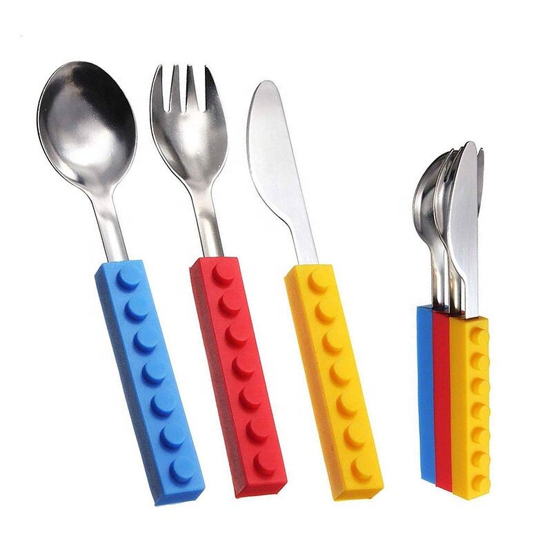 Cutlery Set Manufacturer - 3 Pcs Building Block Kids Spoon Fork Knife with Silicone Handle