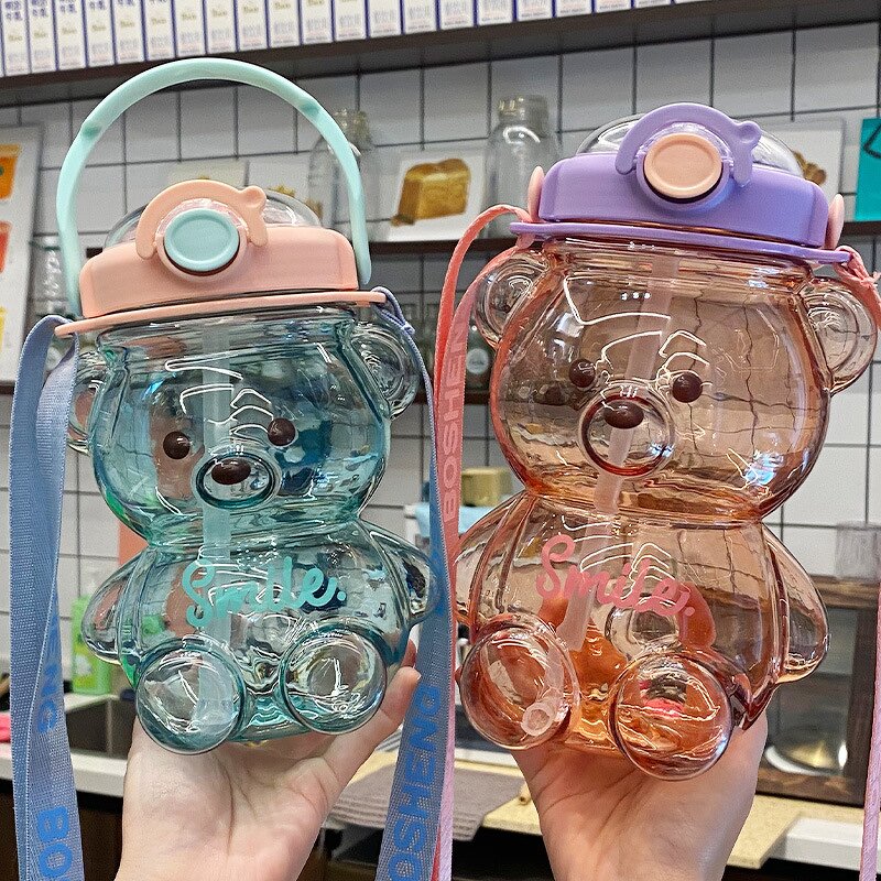 Straw Cup Manufacturer - Cute Bear 1400ml Large Plastic Sports Bottle with Strap