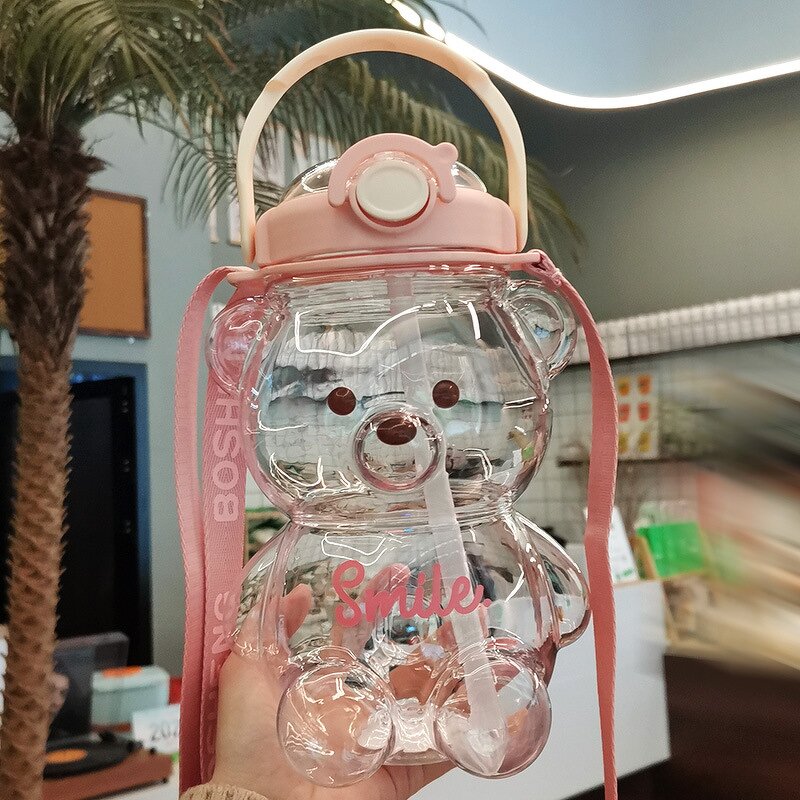 Straw Cup Manufacturer - Cute Bear 1400ml Large Plastic Sports Bottle with Strap