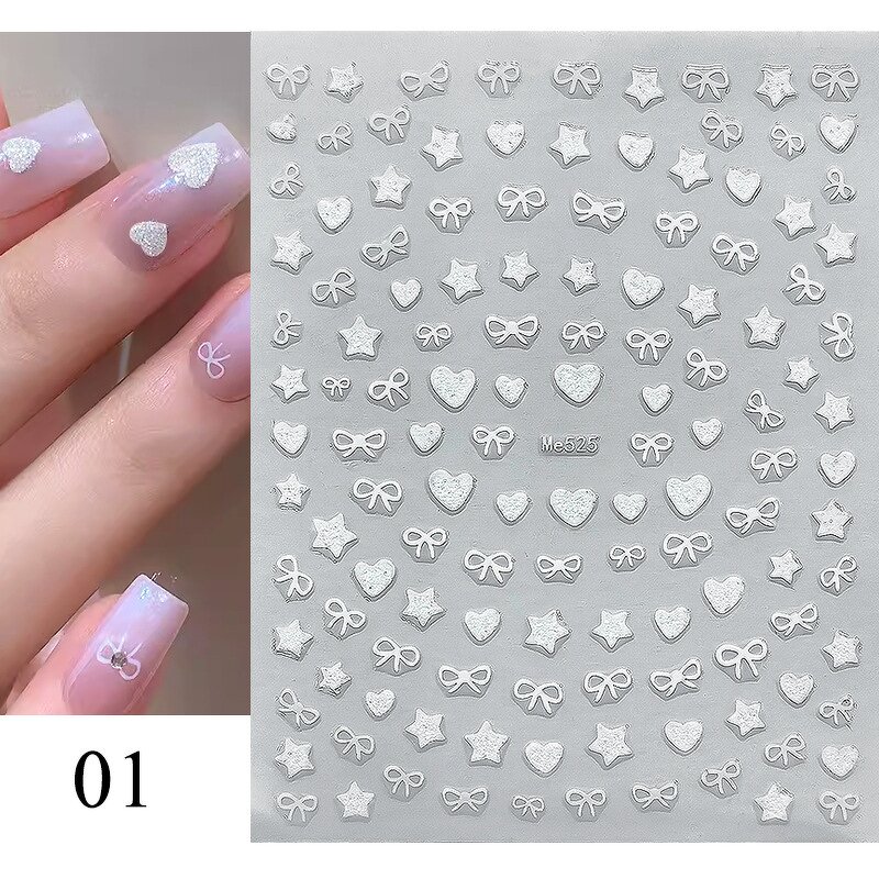 3D Nail Stickers - Shining White Ribbon Bow Star Heart Manicure Decoration