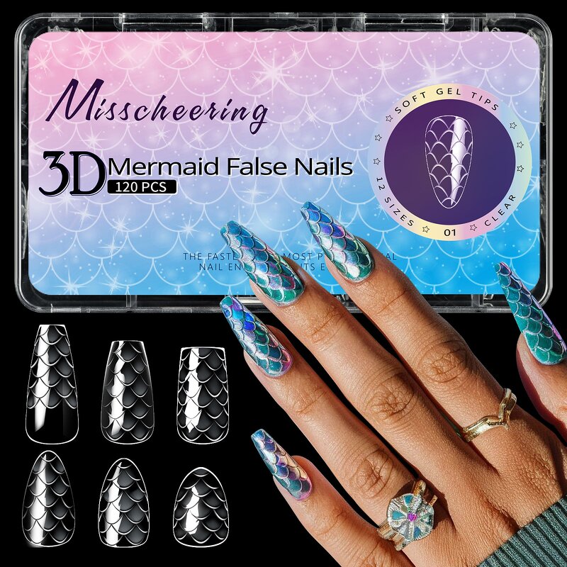 3D Mermaid Nail Tips - 140Pcs Soft Gel Full Cover Acrylic Extensions