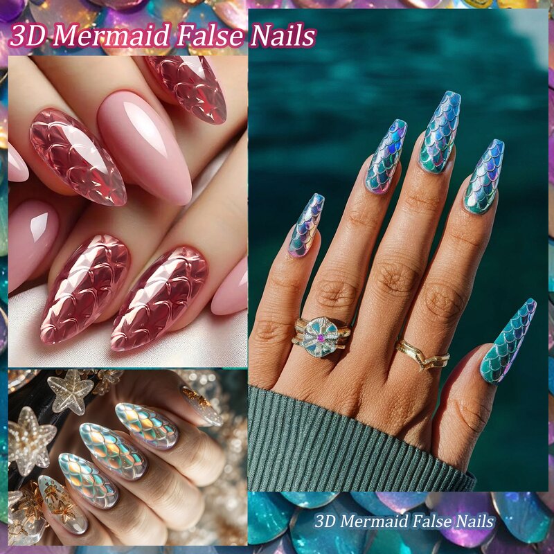 3D Mermaid Nail Tips - 140Pcs Soft Gel Full Cover Acrylic Extensions