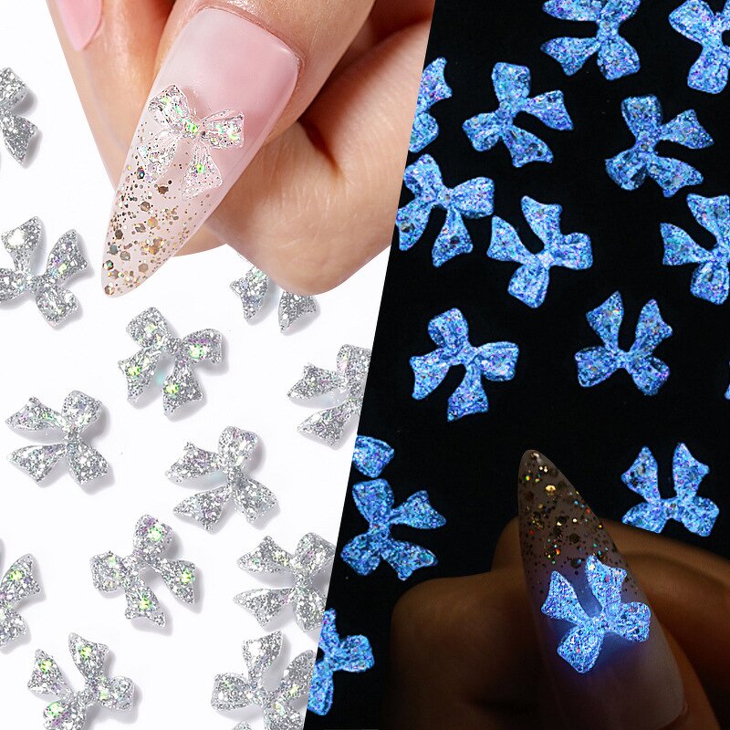 3D Nail Charms - 50pcs Gold Silver Luminous Bow Bling Manicure Decorations