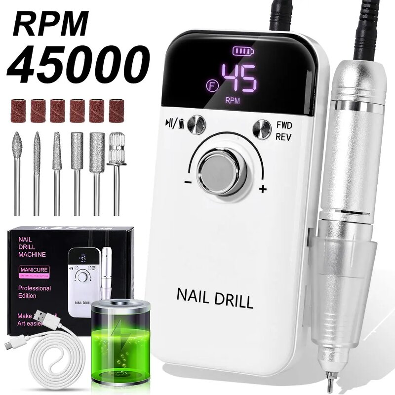 45000RPM Nail Drill Machine - USB Rechargeable Portable Professional Manicure Tool