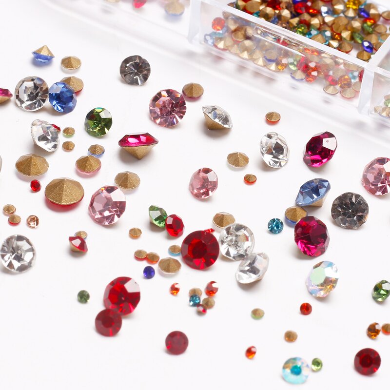 Nail Rhinestones Set - 6 Grid Tapered Bit AB Pointed Bottom Gem Charms Decor