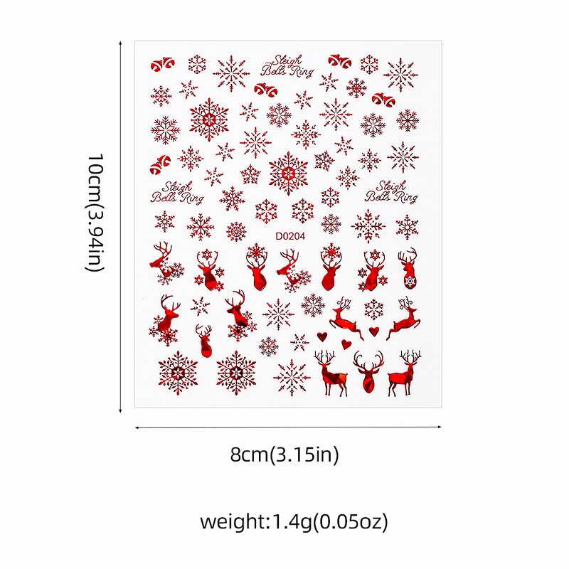 Christmas Nail Sliders - Reflective Gold Silver Elk Bells Snowflake Winter Decals