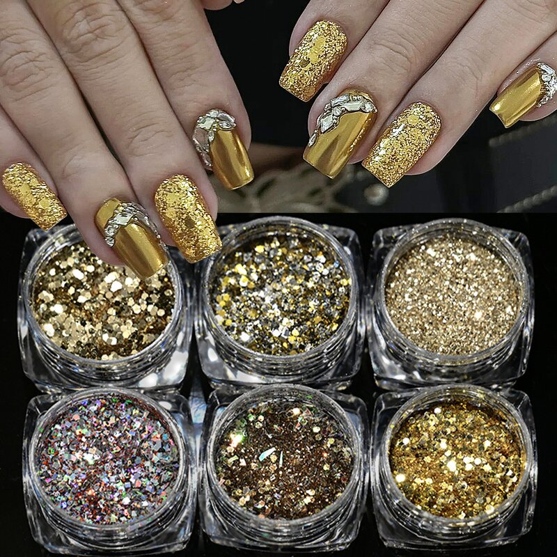 Nail Art Glitter Set - 6pcs Gold Silver Mirror Powder Chrome Manicure Decor