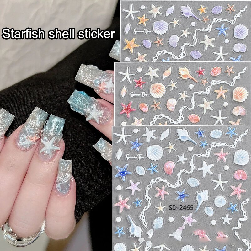 5D Nail Stickers - 2025 Ins Colorful Starfish Shell Ocean Beach Decals