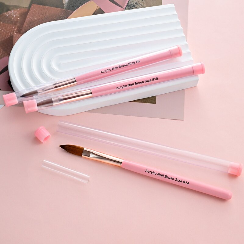 Acrylic Nail Brush Set - 3PCS Size 8/10/14 Pink Handle Professional Powder Tool