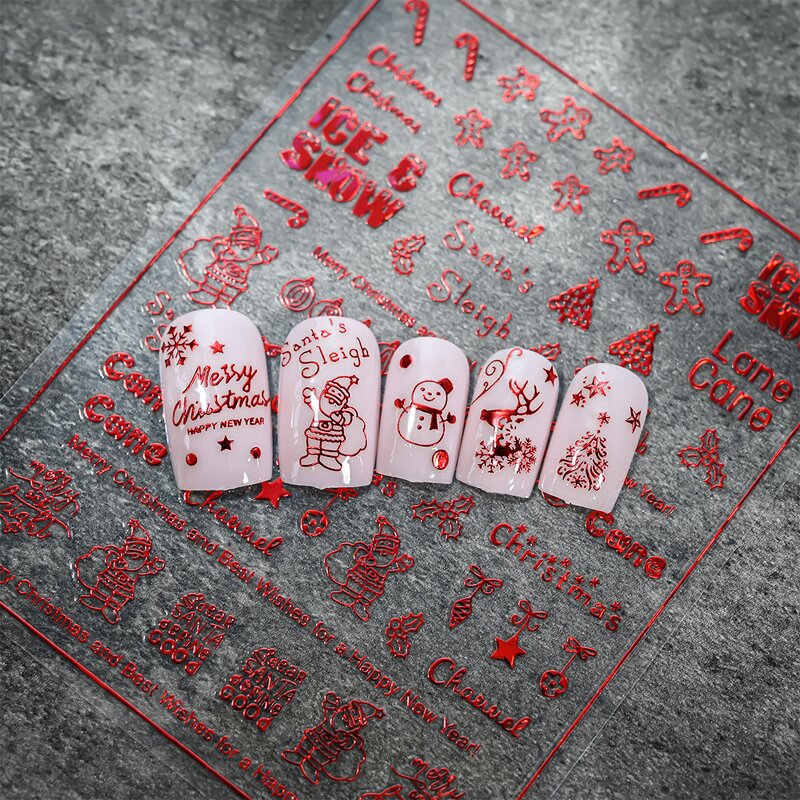 Christmas Nail Sliders - Reflective Gold Silver Elk Bells Snowflake Winter Decals