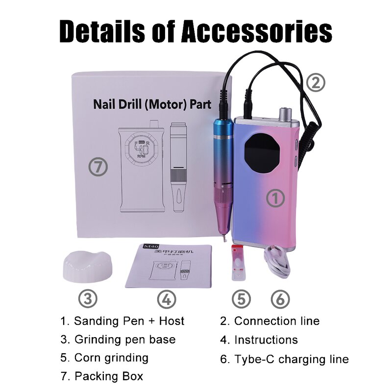 40000 RPM Nail Drill - Rechargeable Portable Powerful Acrylic Gel Salon Kit