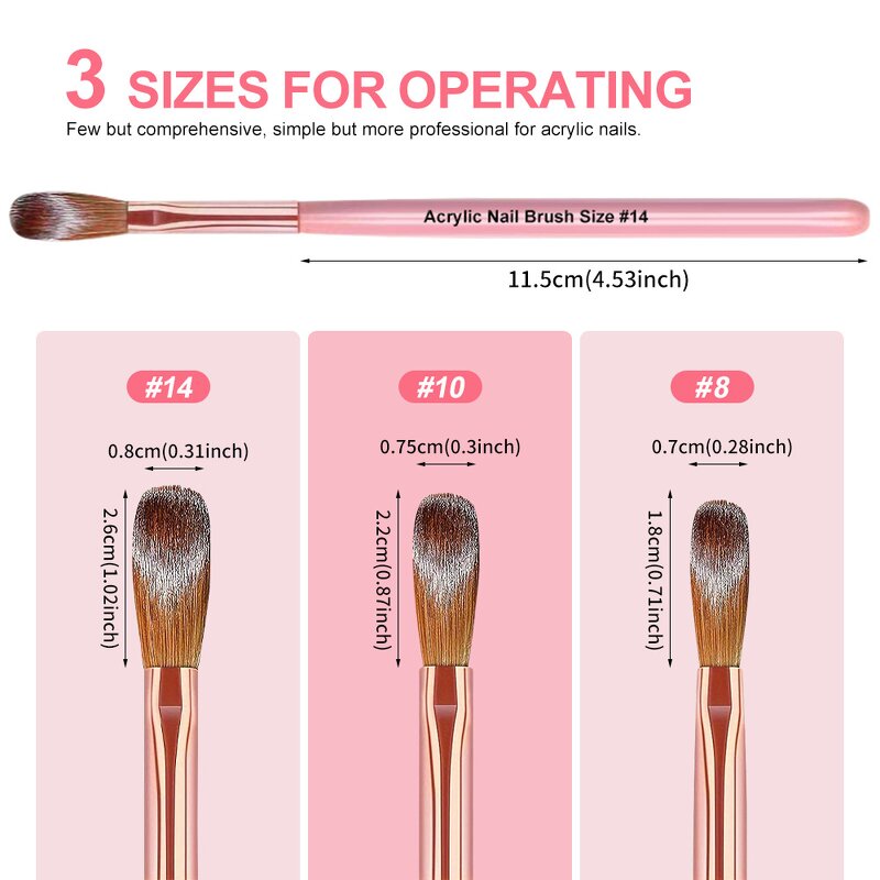Acrylic Nail Brush Set - 3PCS Size 8/10/14 Pink Handle Professional Powder Tool