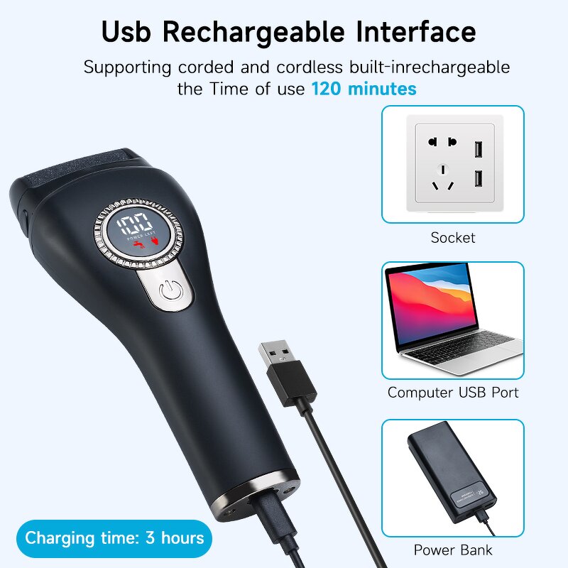 USB Foot File Kit - Rechargeable 3 Rollers Waterproof 3-4 Hours Pedicure Tool