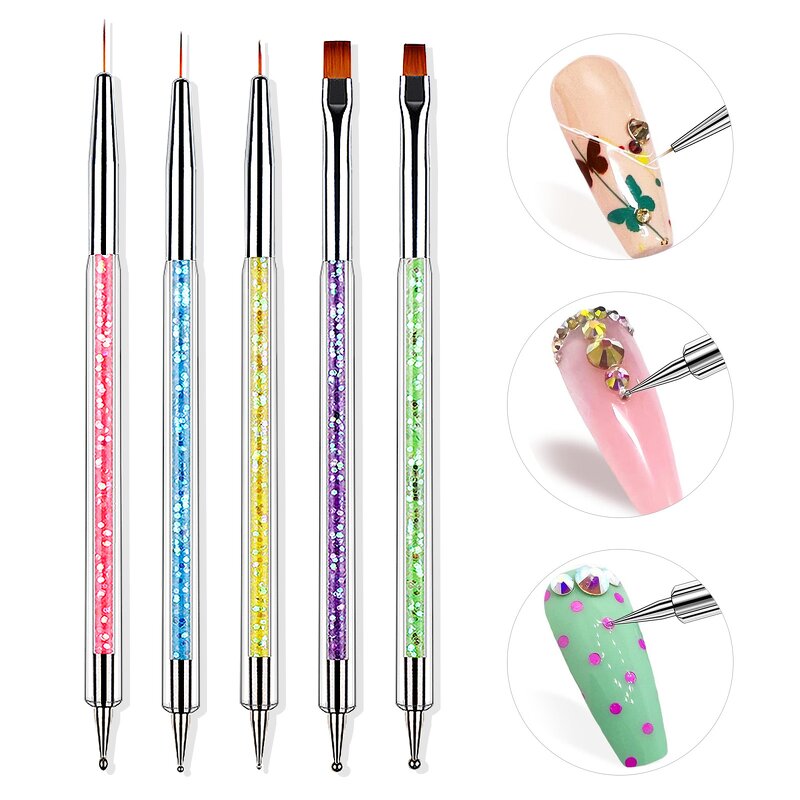 2-in-1 Nail Art Brushes - 5pcs Dual-Ended Liner Crystal Handle DIY Manicure Tool
