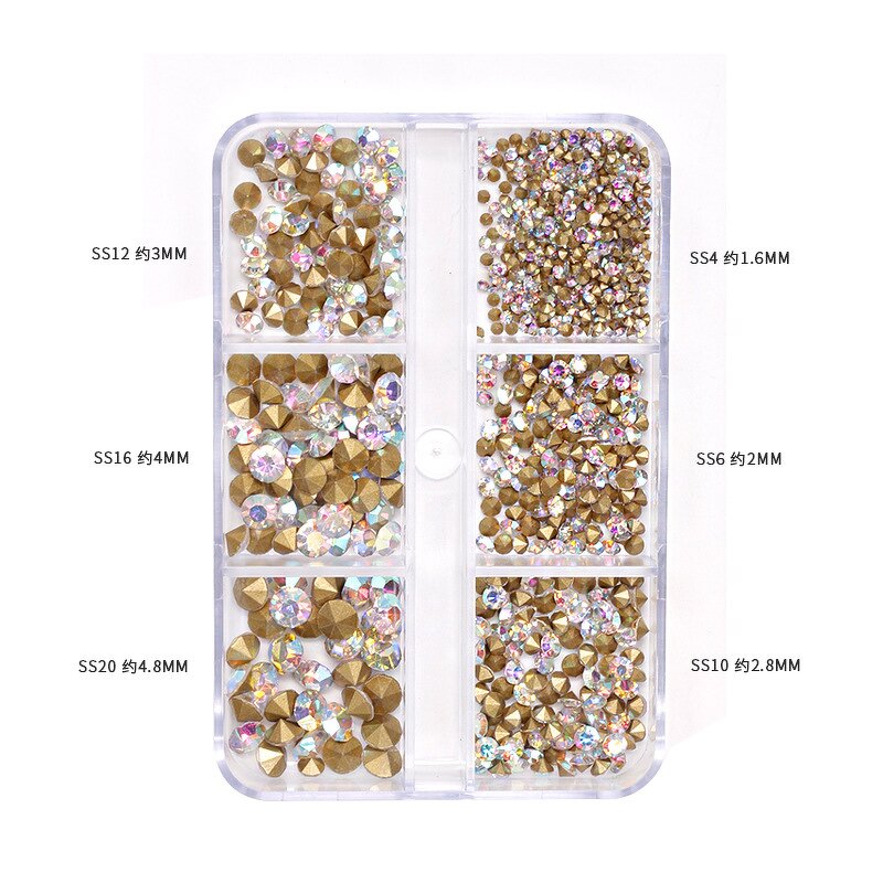 Nail Rhinestones Set - 6 Grid Tapered Bit AB Pointed Bottom Gem Charms Decor