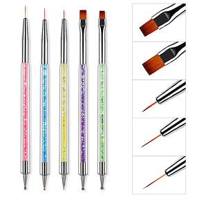 2-in-1 Nail Art Brushes - 5pcs Dual-Ended Liner Crystal Handle DIY Manicure Tool
