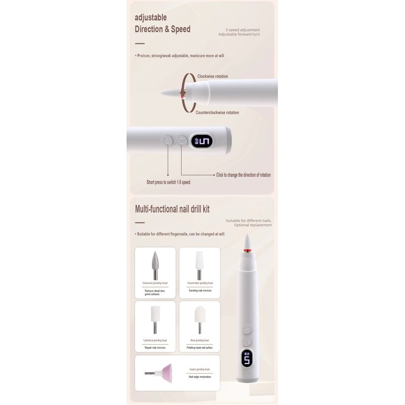 5 Speed Nail Grinder - Portable Rechargeable Cordless LED Display Manicure Tool