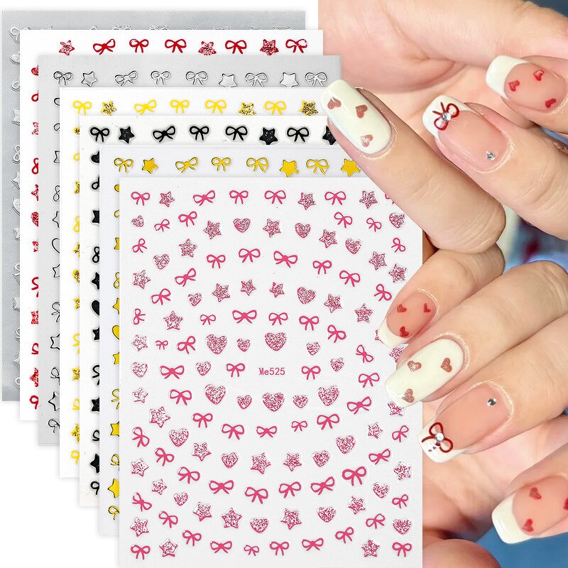 3D Nail Stickers - Shining White Ribbon Bow Star Heart Manicure Decoration
