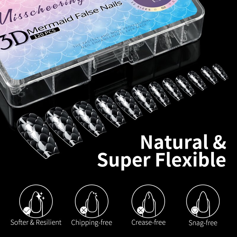 3D Mermaid Nail Tips - 140Pcs Soft Gel Full Cover Acrylic Extensions