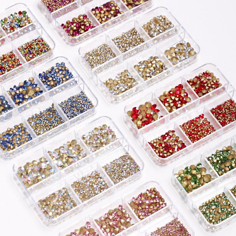 Nail Rhinestones Set - 6 Grid Tapered Bit AB Pointed Bottom Gem Charms Decor