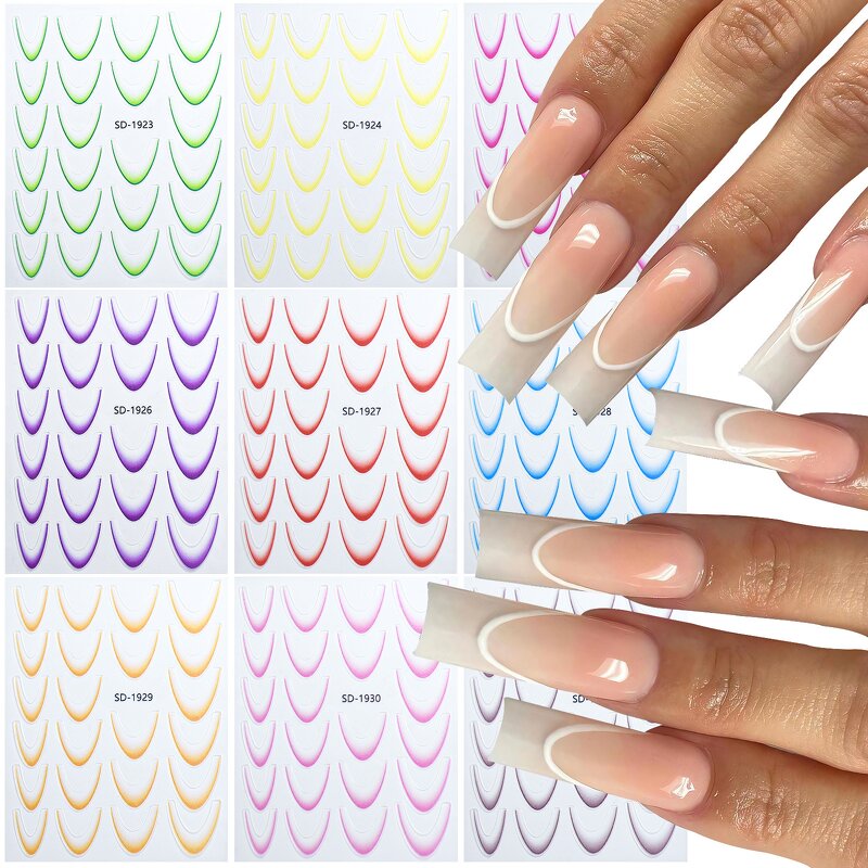 French Line Nail Decals - Gradient 12 Colors Flexible Curved Line Art Stickers