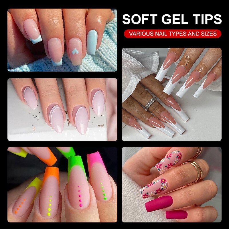 Soft Gel Nail Tips - Semi Matte Almond French Coffin Full Cover Ultra Thin Tips