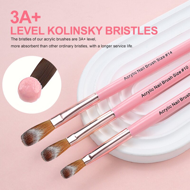 Acrylic Nail Brush Set - 3PCS Size 8/10/14 Pink Handle Professional Powder Tool