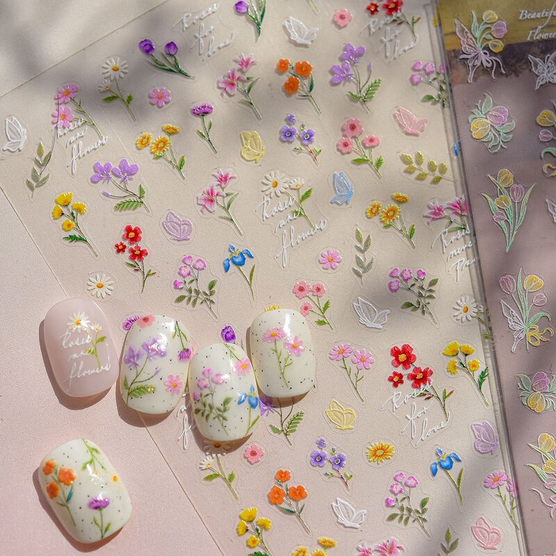 5D Flower Nail Stickers - Wild Self Adhesive Red Blue White Sunflower Decals