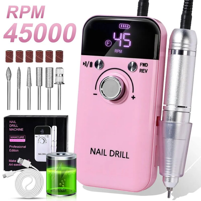 45000RPM Nail Drill Machine - USB Rechargeable Portable Professional Manicure Tool