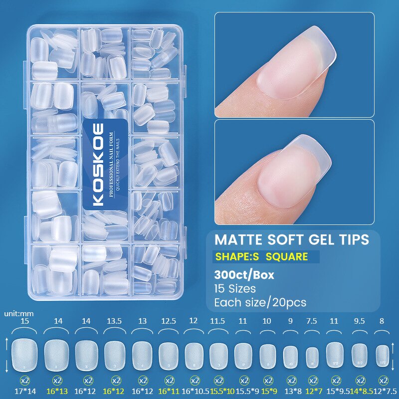 Matte Soft Gel Tips - 300pcs Short Square Coffin Full Cover Clear Press on